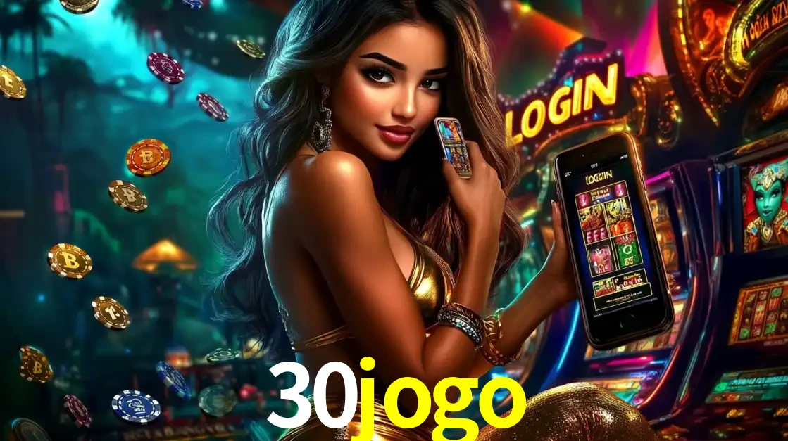 Mulher em um cenário de cassino temático de aventura, mostrando o app de caça-níqueis da 30jogo no celular. Fichas de apostas flutuam ao redor.