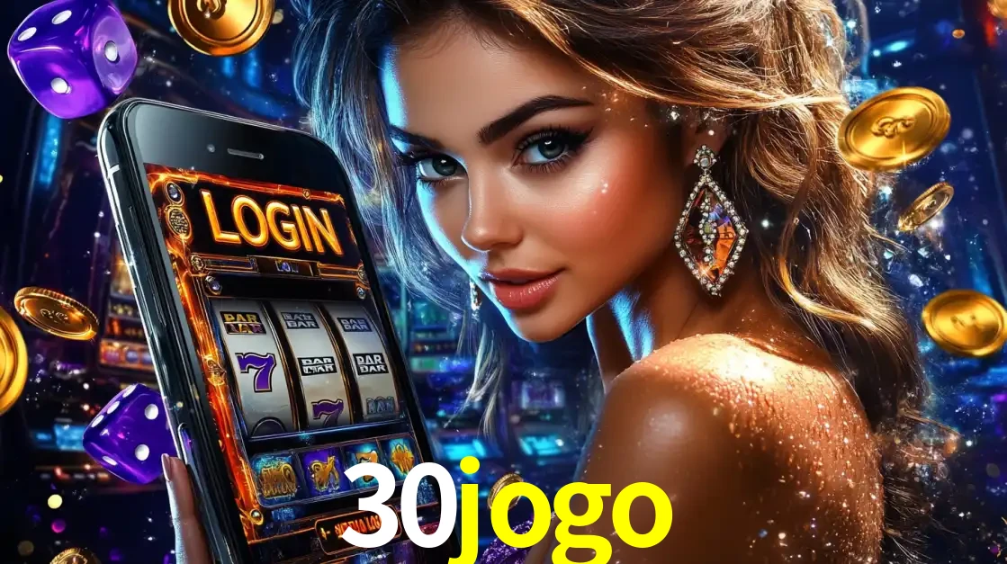 Mulher glamorosa segurando um smartphone com a tela de login para os jogos de caça-níqueis do cassino online 30jogo, com moedas de ouro e dados ao redor.