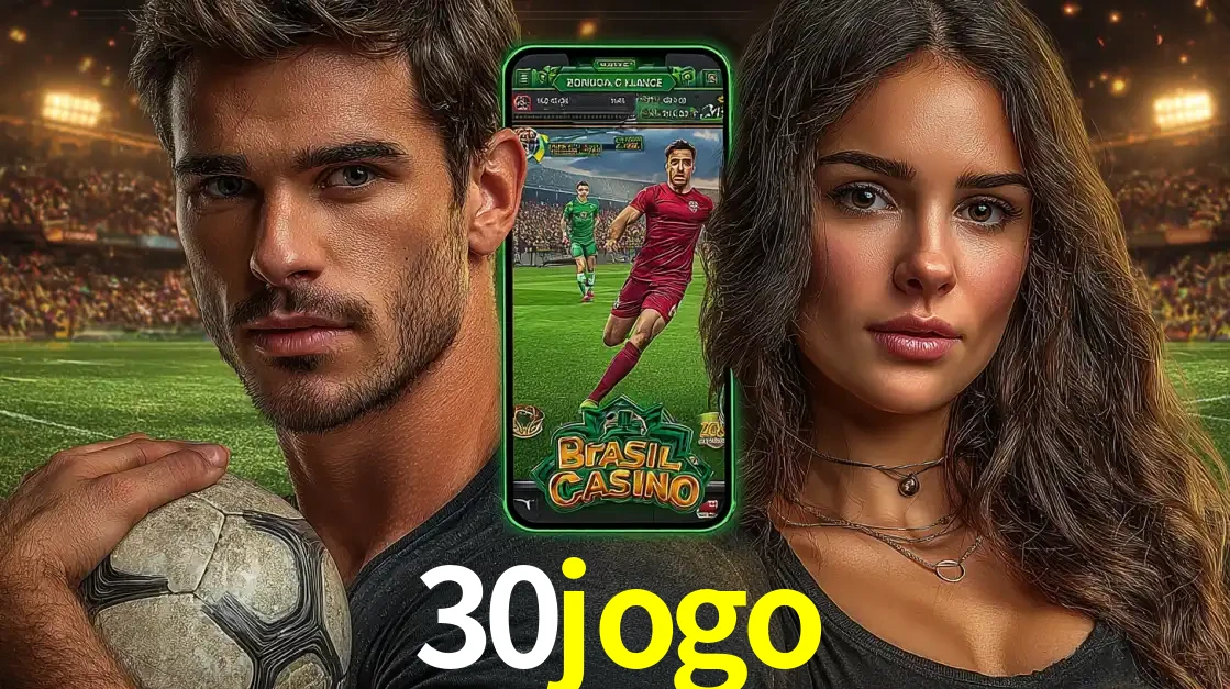 Homem segurando uma bola de futebol e uma mulher ao lado de um smartphone exibindo o jogo de apostas esportivas da 30jogo. Faça seu palpite no cassino online.
